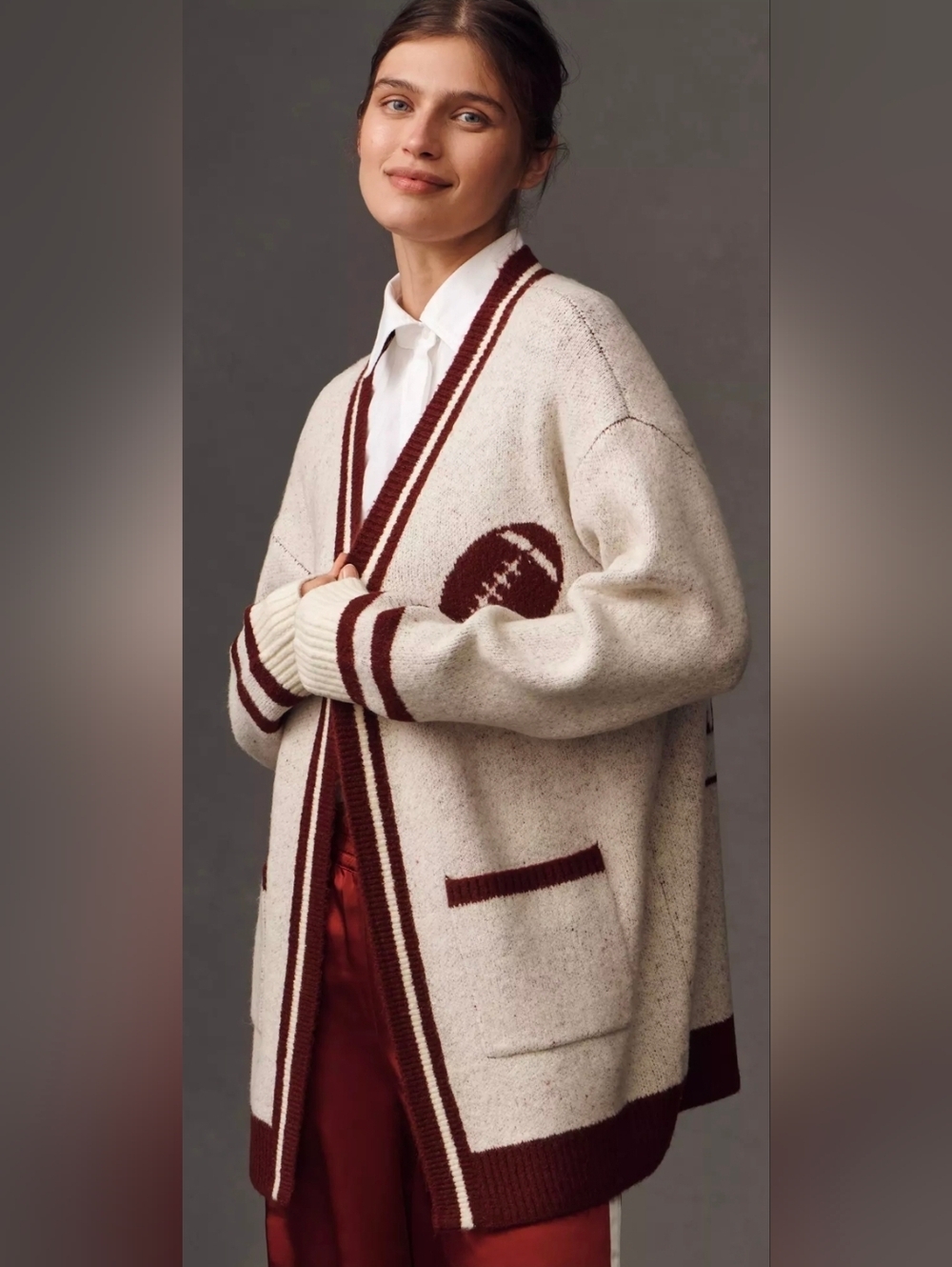 Anthropologie Flat White Game Day Football Cardigan Brown Sz OS NWT$150 Soldout